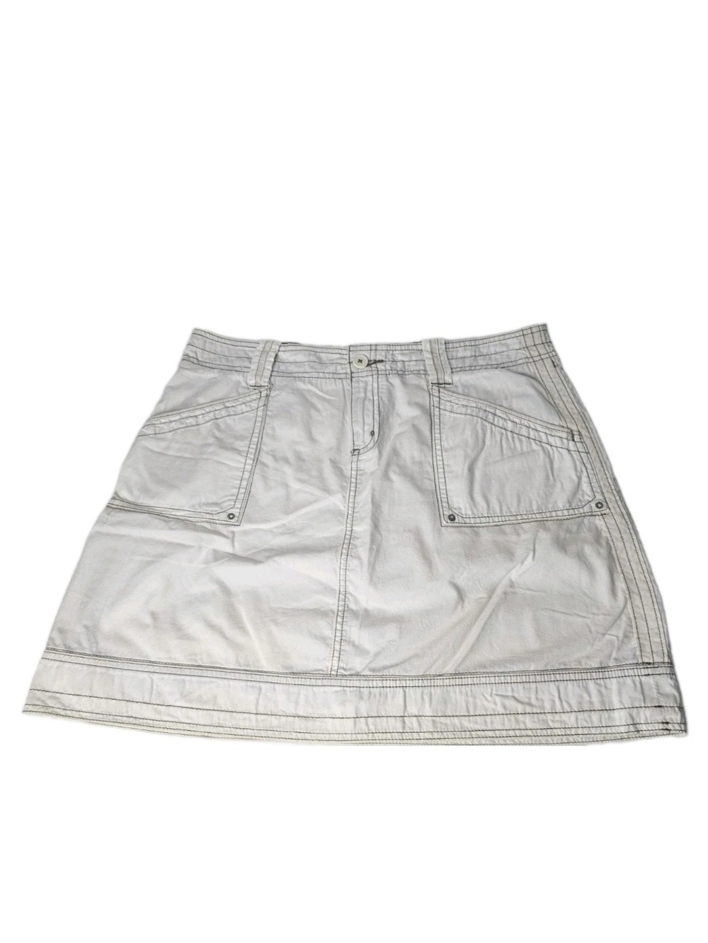 Aventura Women's Cargo Mini Skirt Cream Size 10 Organic Cotton Brown Stitching
